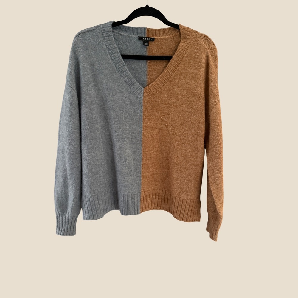 Tribal Womens Medium V-Neck Colorblock Knit Sweater Blue Camel‎ Brown Pullover
